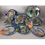 Collection of hand painted ceramic SKYROS plates / serving dishes in the form of fish, the largest
