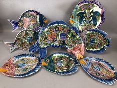 Collection of hand painted ceramic SKYROS plates / serving dishes in the form of fish, the largest