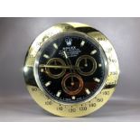 Rolex style wall hanging clock, approx 34cm in diameter