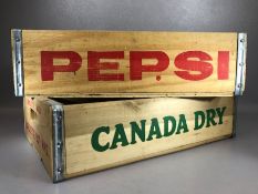 Two vintage wooden trays marked 'Pepsi', each approx 46cm x 29cm x 13cm tall