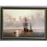 L. ALEXIS (20th Century), oil on canvas of sailing ships at anchor, signed lower right, approx