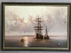 L. ALEXIS (20th Century), oil on canvas of sailing ships at anchor, signed lower right, approx