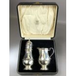 Hallmarked Silver Sugar shaker and Silver Hallmarked creamer set in presentation Box Birmingham by