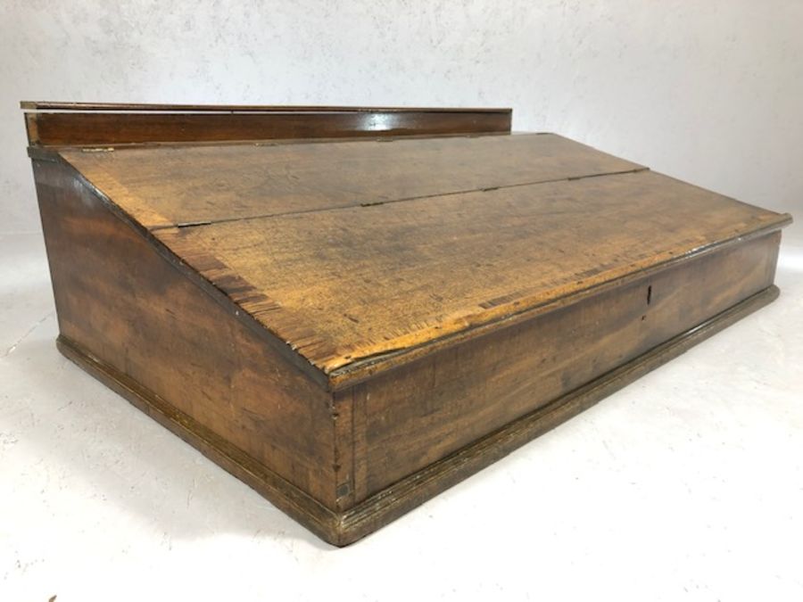 Large oak double hinged writing desk / slope opening to reveal pigeon holes, possibly a brokers / - Image 5 of 5