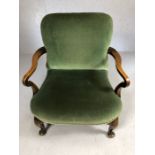 Low upholstered armchair / bedroom chair on Queen Anne legs, with curved arms