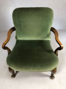 Low upholstered armchair / bedroom chair on Queen Anne legs, with curved arms