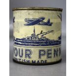 World War II home savings tin marked 'Save your pennies' issued by the Joint War Organisation,