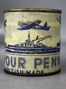 World War II home savings tin marked 'Save your pennies' issued by the Joint War Organisation,