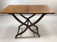 Folding X-Frame occasional table with turned cross stretchers and brass hinges, approx 86cm x 44cm x