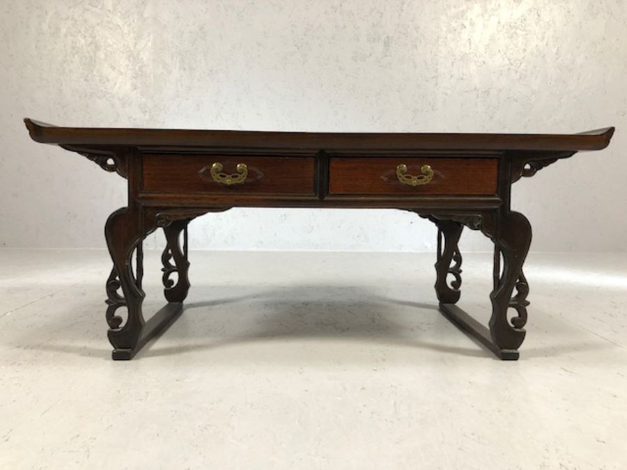 Chinese alter style cherrywood carved low table with two drawers, approx 93cm x 40cm x 38cm tall - Image 2 of 5