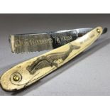 19th century whaler's scrimshaw bone and steel cut throat razor, worked on both sides, one side a