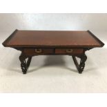 Chinese alter style cherrywood carved low table with two drawers, approx 93cm x 40cm x 38cm tall