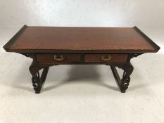 Chinese alter style cherrywood carved low table with two drawers, approx 93cm x 40cm x 38cm tall