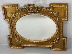 Large wooden gilt framed mirror with square corners and oval bevel edged mirror, approx 100cm x 84cm