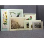 Collection of unframed prints including three botanical prints, two views of Venice after William