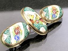 Silver metal brooch consisting of three hand painted plaques of flora and fauna approx 52mm