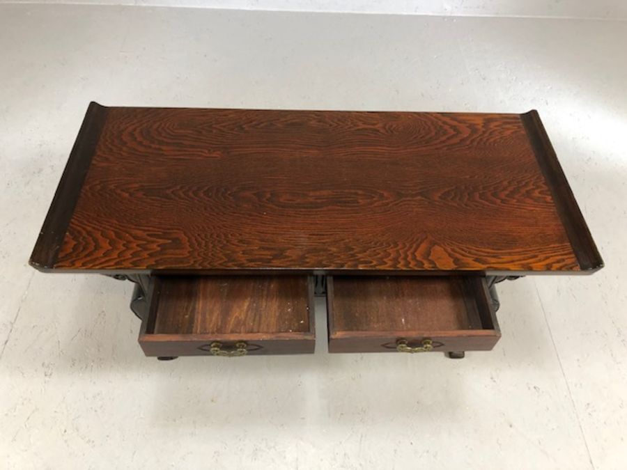 Chinese alter style cherrywood carved low table with two drawers, approx 93cm x 40cm x 38cm tall - Image 3 of 5