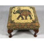 Wooden framed foot stool with Eastern elephant tapestry design, approx 48cm square
