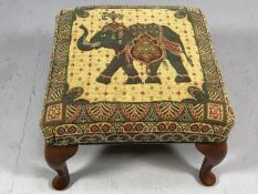 Wooden framed foot stool with Eastern elephant tapestry design, approx 48cm square