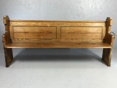 Vintage church pew with brass handles to each end and prayer/hymn book holder to back, no.6 plaque