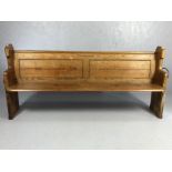 Vintage church pew with brass handles to each end and prayer/hymn book holder to back, no.6 plaque