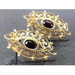 Pair of fully hallmarked 9ct Gold ornate earrings set with Garnets approx 25mm in length & total