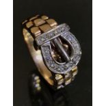 9ct Gold ring with platinum belt buckle design set with diamonds size 'N' & 6.7g