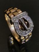 9ct Gold ring with platinum belt buckle design set with diamonds size 'N' & 6.7g