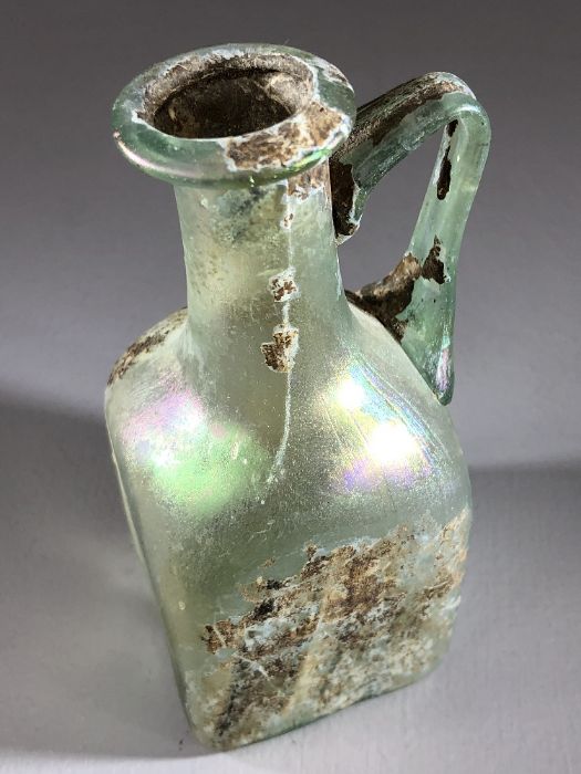 Square glass bottle, possibly Roman, in translucent blue/green glass, cylindrical neck very slightly - Image 5 of 11