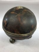 Tortoise shell spherical container with Silver mounts on three silver ball feet (damage to shell,