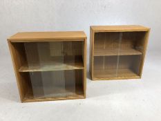 Pair of Mid Century bookcases with sliding glass fronts, each approx 69cm x 28cm x 69cm tall