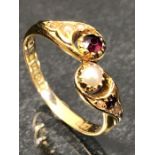 18ct Garnet & Seed Pearl Cross over ring size 'N'