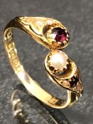 18ct Garnet & Seed Pearl Cross over ring size 'N'