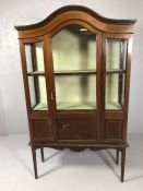 Edwardian inlaid display cabinet with two shelves and cupboard below, approx 101cm x 31cm x 178cm