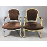 Pair of Louis style bedroom chairs, one in gold finish, the other in silver