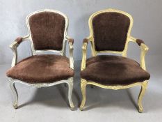 Pair of Louis style bedroom chairs, one in gold finish, the other in silver