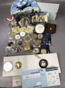 Collection of commemorative coins and memorabilia including Royal Doulton 'Spitfire Coming Home'