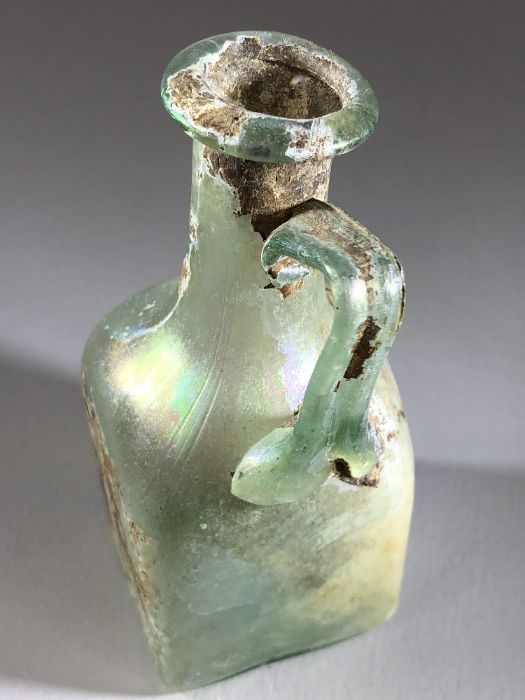 Square glass bottle, possibly Roman, in translucent blue/green glass, cylindrical neck very slightly - Image 6 of 11