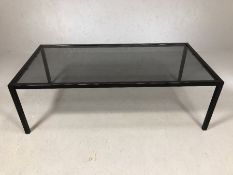 Mid Century metal framed coffee table with black smokey glass, approx 122cm x 61cm x 39cm tall