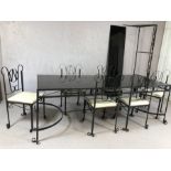 Contemporary wrought iron dining table with Vitro black glass top, approx 214cm x 92cm x 71cm
