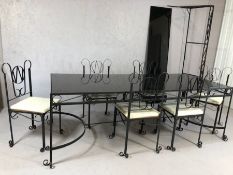Contemporary wrought iron dining table with Vitro black glass top, approx 214cm x 92cm x 71cm