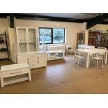 Collection of modern white laminated furniture to include extendable dining room table and four