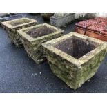 Set of three square concrete garden planters, each approx 39cm in diameter x 32cm in height