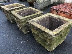Set of three square concrete garden planters, each approx 39cm in diameter x 32cm in height