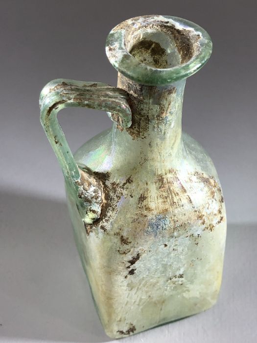 Square glass bottle, possibly Roman, in translucent blue/green glass, cylindrical neck very slightly - Image 7 of 11