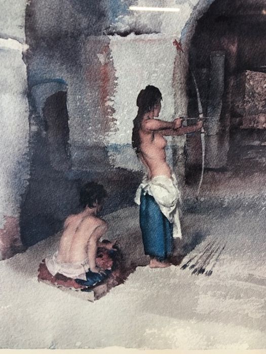 After Sir William Russell FLINT (Scottish, 1880-1969), female archers in a cellar, signed in - Image 4 of 6