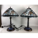 Pair of Tiffany style large table lamps with dragonfly design, each approx 60 cm in height