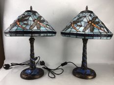 Pair of Tiffany style large table lamps with dragonfly design, each approx 60 cm in height