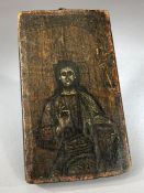 Antique wood icon representing Jesus Christ with his right hand in a gesture of blessing, approx