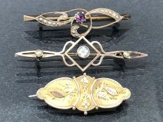 Three 9ct Gold Brooches set with various stones approx 6.1g